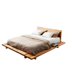 Fototapeta premium Modern wooden bed frame with comfortable bedding isolated on transparency background, PNG cut out, including pillows and a beige blanket, isolated on white background.