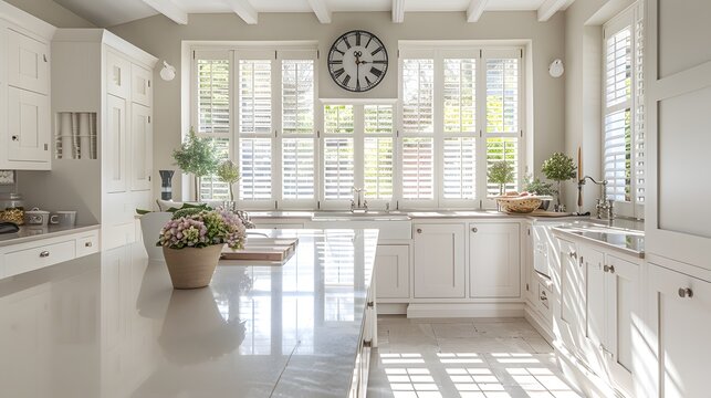 Bright, spacious kitchen interior with modern design and large windows with plantation shutters, reflecting a comfortable, clean home atmosphere. 