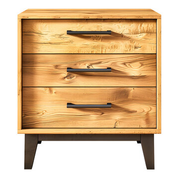 Wooden dresser with three drawers and black handles isolated on transparency background, PNG cut out, featuring a modern design with natural wood texture.
