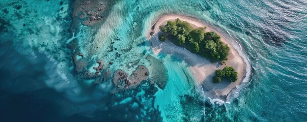 Aerial view of a small tropical island with lush greenery surrounded by turquoise waters and coral reefs in a serene and tranquil setting.