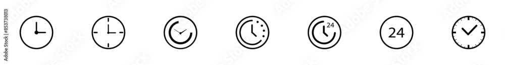Poster сlock line icons set. time 24 hours arrow symbol for timer or alarm clock with bells. vector illustr
