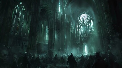 Eerie Reanimated Undead Emerging from Abandoned Gothic Cathedral Bathed in Otherworldly Stained Glass Light