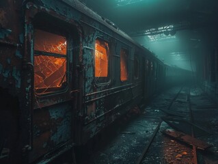 Obraz premium Eerie Abandoned Train Wreck Shrouded in Haunting Mist and Gothic Horror Atmosphere