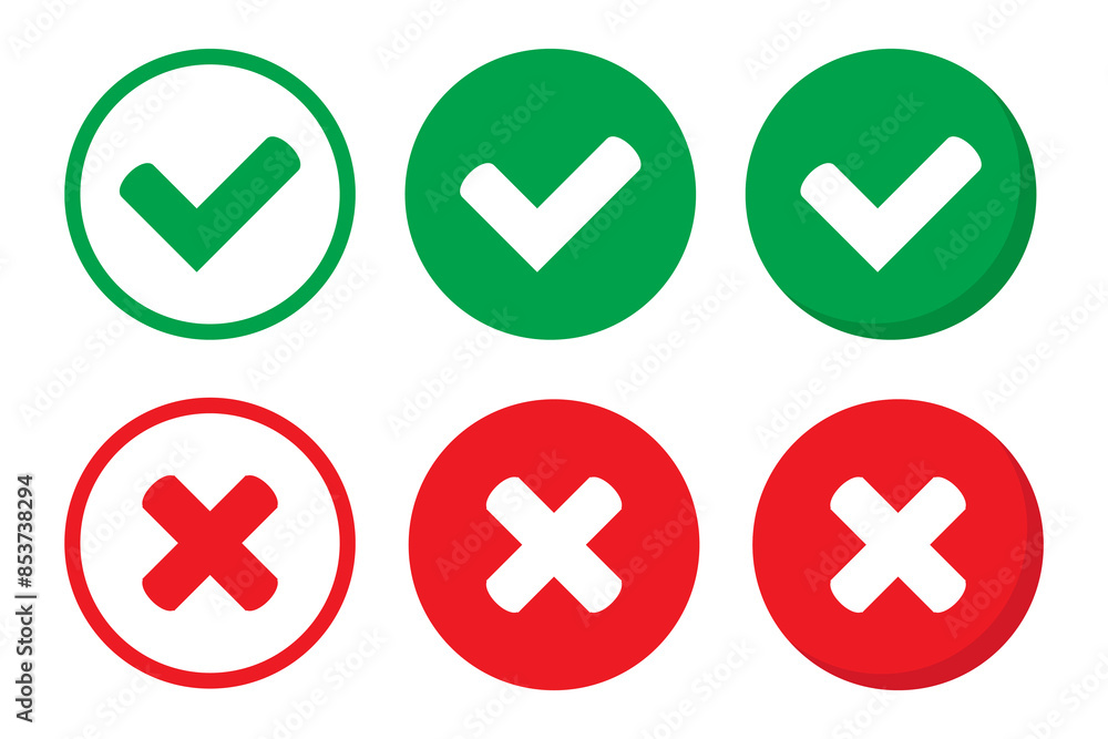 Aufkleber right or wrong icons. green tick and red cross checkmarks. yes or no symbol, approved or rejected ic