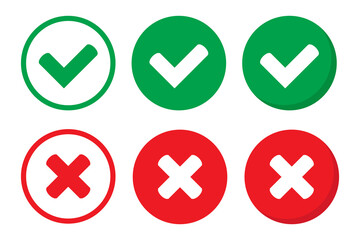 Right or wrong icons. Green tick and red cross checkmarks. Yes or no symbol, approved or rejected icon for user interface.