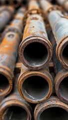 Close-up of rusty metal pipes stacked together, highlighting their aged and corroded surfaces. Suitable for industrial, construction, or manufacturing themes.