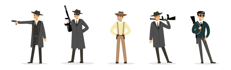Man Gangster in Coat and Hat with Handgun Vector Set