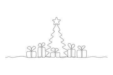 Christmas tree with gifts, drawing in the form of one continuous line in a minimalistic style. Editable vector contour