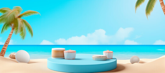 Beach podium summer background sand product 3D sea display platform. Beach podium summer banner stand scene sale sky holiday vacation stage water island sun travel pedestal promotion presentation ad