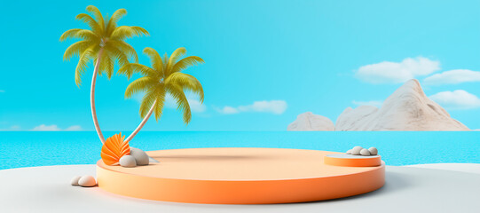 Beach podium summer background sand product 3D sea display platform. Beach podium summer banner stand scene sale sky holiday vacation stage water island sun travel pedestal promotion presentation ad