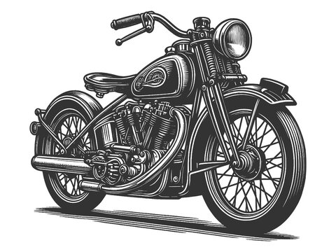 recommend clip art: classic motorcycle, featuring detailed design elements and engine parts sketch engraving generative ai raster illustration. Scratch board imitation. Black and white image.