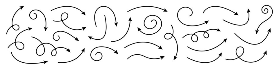 Collection of curved arrows. Set simple curved hand drawn arrows. Collection of pointers.