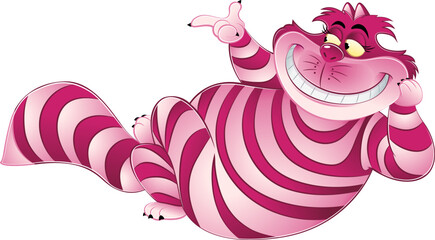 cheshire cat laying and smiling with all teeth. Wonderland cat in pink colour. Part 2
