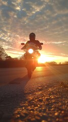The image captures two adventurous motorcyclists with their bikes, ready to start a new journey as the rising sun offers a warm glow over the horizon, promising an exciting adventure ahead.