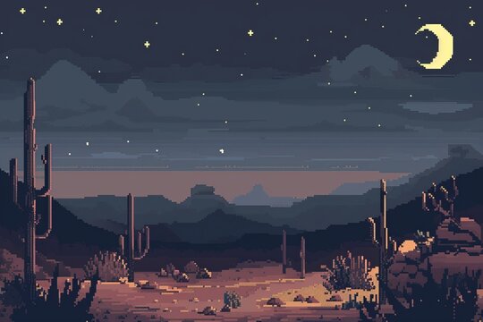 Pixel Art Desert Night Scene with Cacti - 8bit pixel art background