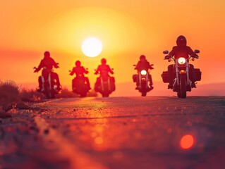 The image captures two adventurous motorcyclists with their bikes, ready to start a new journey as the rising sun offers a warm glow over the horizon, promising an exciting adventure ahead.