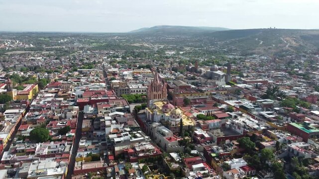 San miguel de allende with colorful buildings and historic churches, aerial view