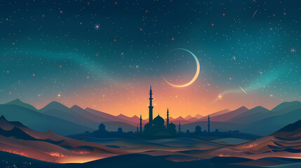 Beautiful night sky over a serene desert landscape with a crescent moon and starry sky above distant mosque and mountains. Eid mubarak