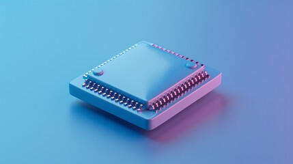 High-tech microchip on a gradient blue-pink background, representing modern technology and innovation in electronic hardware. 3D Illustration.