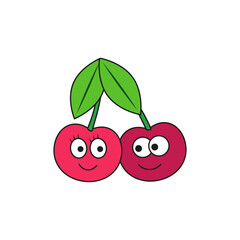 Two cartoon cute cherry with faces together. Vector illustration on white background. 