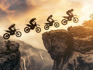 Two courageous motorcyclists performing a daring stunt show, skillfully maneuvering through obstacles with precision and control in a spectacular display of athleticism and bravery.