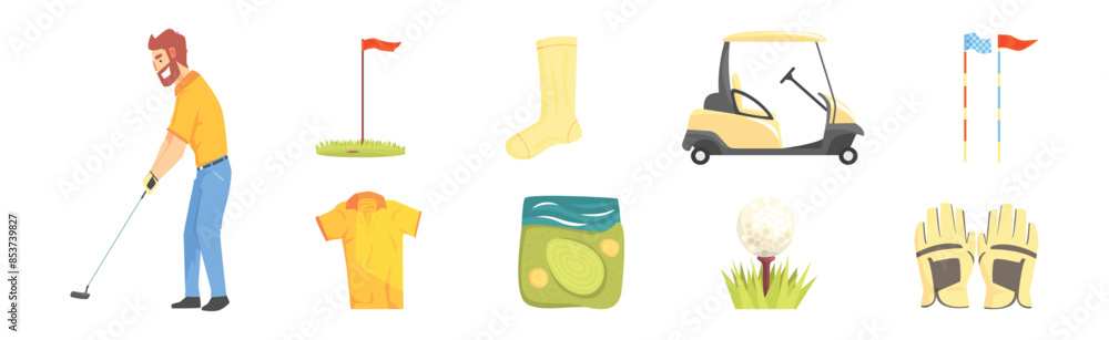 Poster golf playing game object and element vector set
