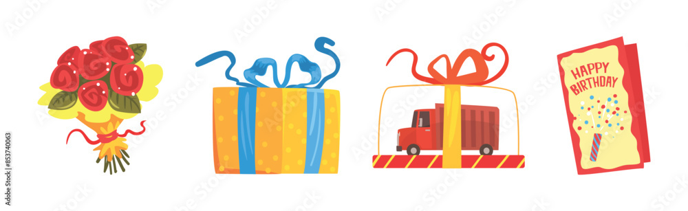 Poster happy birthday object and festive event element vector set