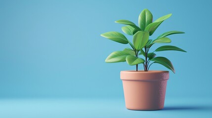 Obraz premium Minimalist potted plant against a blue background, bright and fresh greenery evoking calm and simplicity in indoor decoration. 3D Illustration.