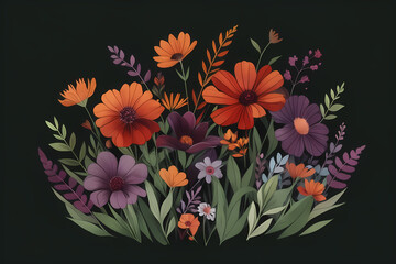 watercolor illustration of purple, pink, magenta, and red flowers with green leaves set against a dark green background. This botanical art concept beautifully captures the vibrant colors.