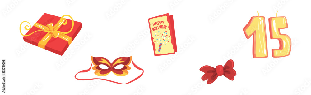 Poster happy birthday object and festive event element vector set