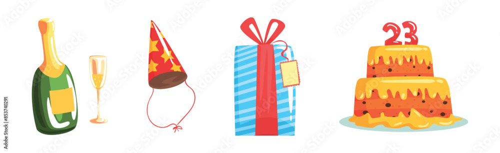 Poster happy birthday object and festive event element vector set