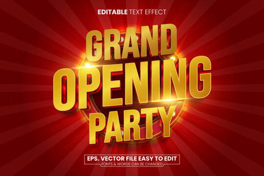 Grand opening party 3d editable vector text effect. Neon light vintage text style
