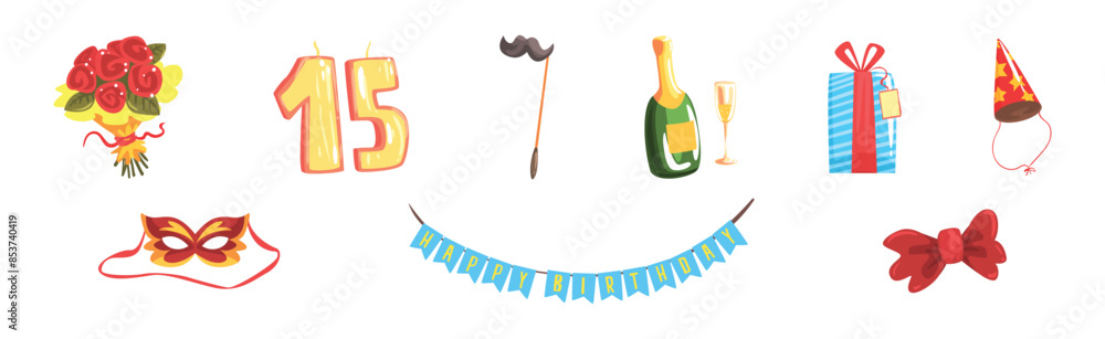 Poster happy birthday object and festive event element vector set