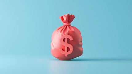 Obraz premium Red bag with a dollar sign, symbolizing wealth and savings, against a light blue background. Concept of finance, currency, and investment. 3D Illustration.