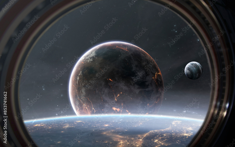 Wall mural 3d illustration of beautiful cosmic scene with planets. high quality digital space art in 5k - reali