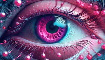 Pink eye images, pink eye disease, pink eye infection by bacteria and virus, face closeup, macro photo;