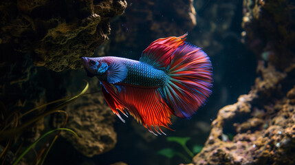 Fototapeta premium Crown tail fighting fish with iridescent scales swimming gracefully through a dark, mysterious underwater cave