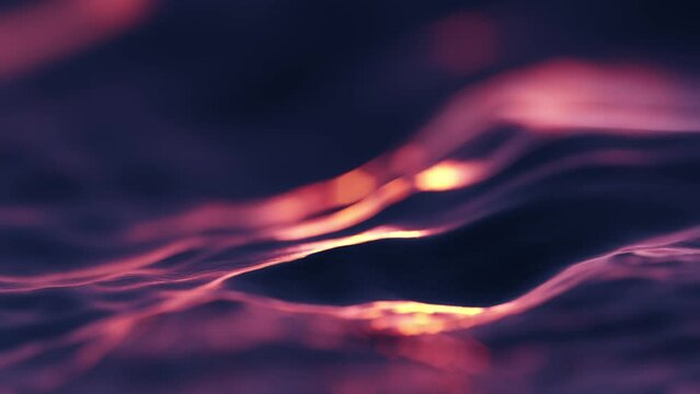 Visual enigma of surreal Indigo purple waves rolling in slow rhythmic time lapse motion with shimmering bokeh light flicker, seamless looped.
