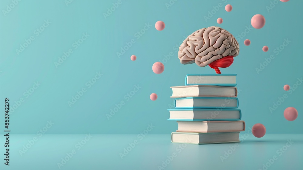 Poster surreal image of a brain floating above a stack of books, surrounded by abstract bubbles against a t