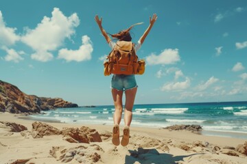 Woman Jumping on a Sandy Beach: beach