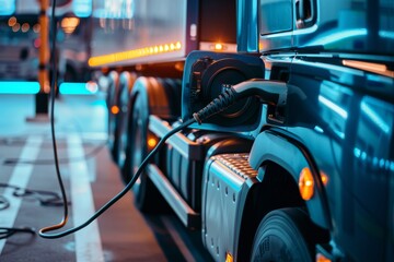 A hybrid electric truck charging at a station closeup, highlighting the future of eco-friendly transportation and sustainable energy solutions in the logistics industry.