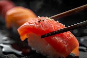 Fresh Salmon Sushi with Chopsticks