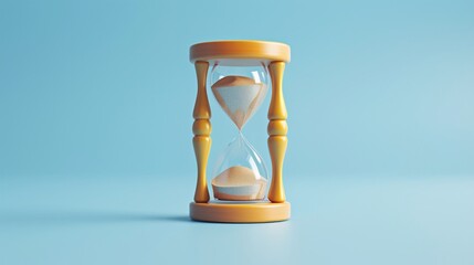 Wooden hourglass against blue background symbolizing the passage of time. Fine sand flows smoothly through the glass timer, illustrating time management. 3D Illustration.