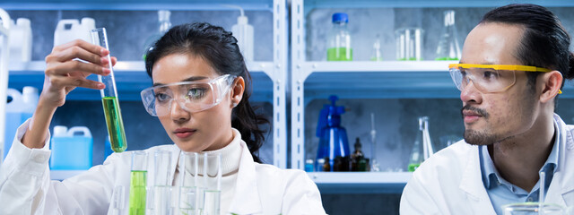 Banner of scientists analyzing the results of biofuels produced from natural extracts for...