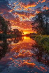 Obraz premium Stunning Sunset Over Serene River with Dramatic Clouds and Reflective Water Surrounded by Lush Greenery and Trees