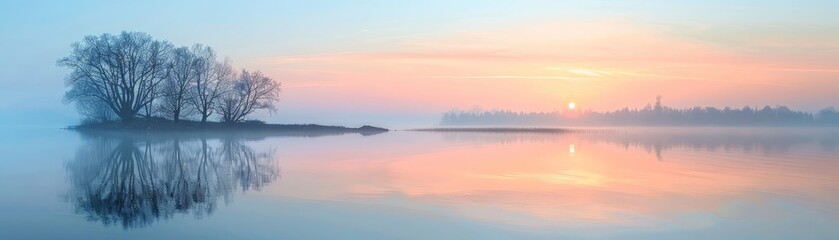 Serene Sunrise Over Misty Lake with Reflective Trees and Soft Pastel Sky