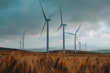 Obraz premium A field of wind turbines with a cloudy sky in the background. The windmills are tall and spread out across the field