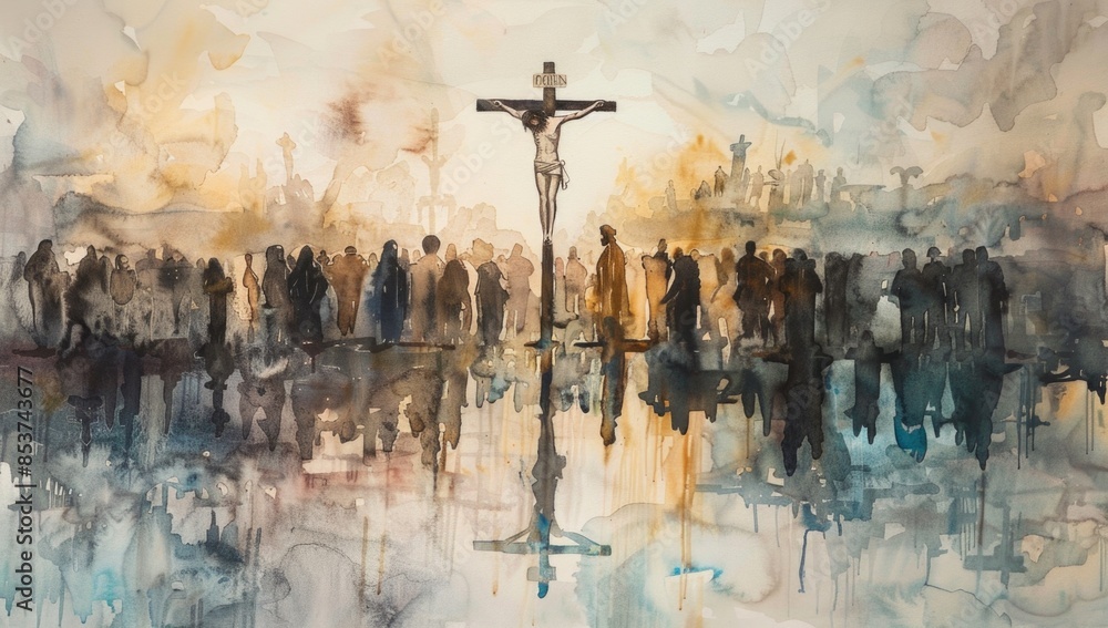 Wall mural Watercolor painting of Jesus on the cross with crowd.