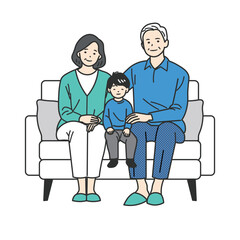 ソファに座る男の子とシニア夫婦の家族