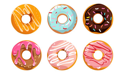 Obraz premium Set of colorful donuts. Various types of donuts in glaze and chocolate, elements for design of cafe, menu, promo banner. Flat vector cartoon illustration.